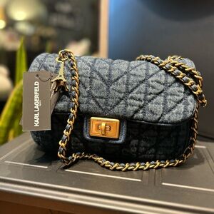Karl Lagerfeld Quilted Denim Shoulder Bag with Gold Chain